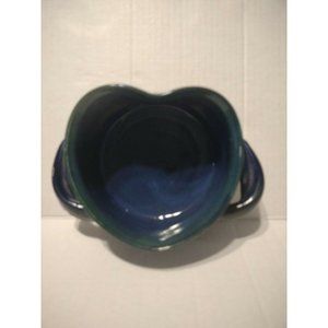 Heart Shaped 2 Handled Pottery Trinket, Dish, Bowl Blue Green Signed Bear 10